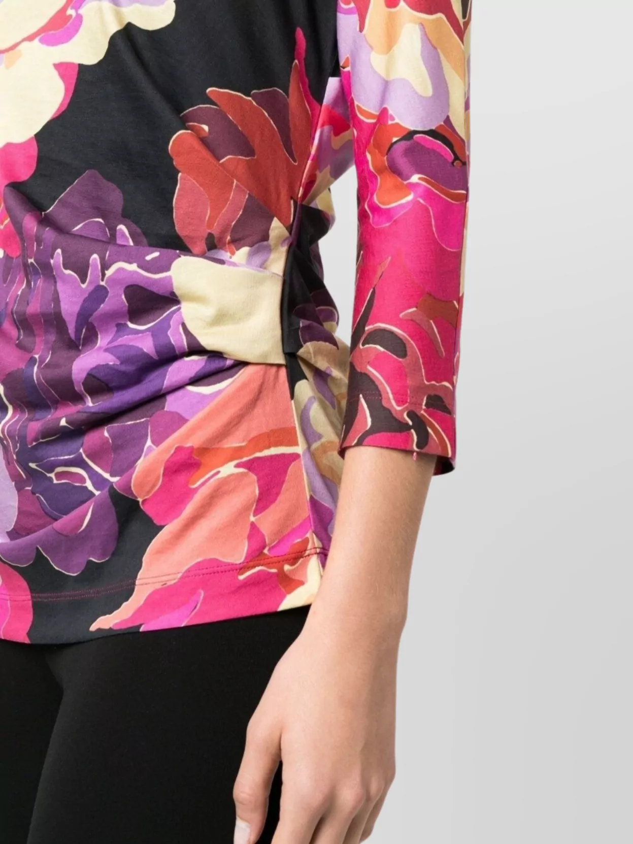 Dries Van Noten Floral Print Stretch Top With 3/4 Sleeves