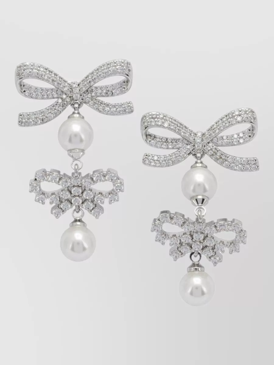 Self-Portrait crystal-embellished double bow pearl drop earrings