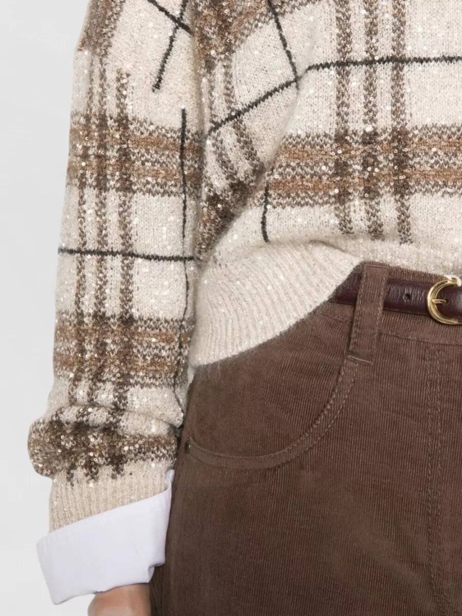 Brunello Cucinelli Plaid-pattern Sequin-embellishment Sweater In Brown