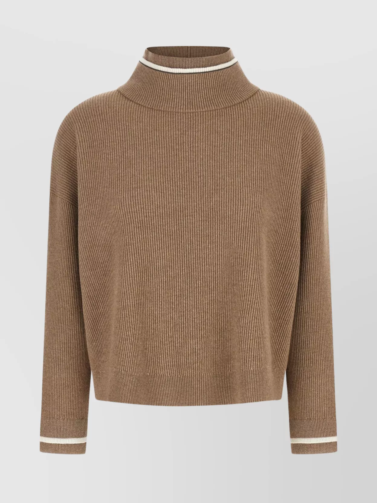 Brunello Cucinelli Ribbed Mock Neck Sweater With Contrast Trim In Brown