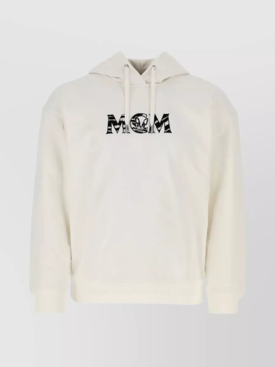 Shop Mcm Drawstring Hood Cotton Pullover In Cream