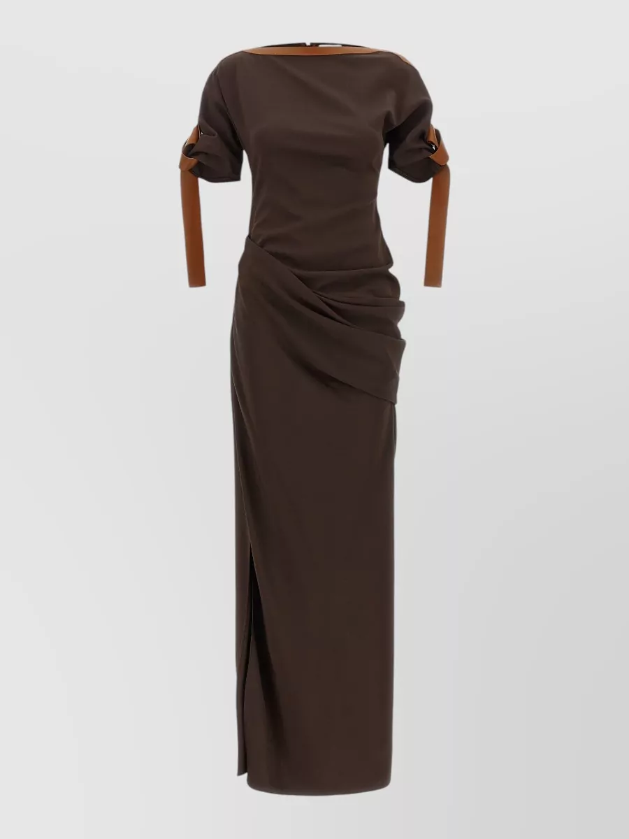 Ferragamo Leather Trim Asymmetric Draped Boat Neck Midi Dress