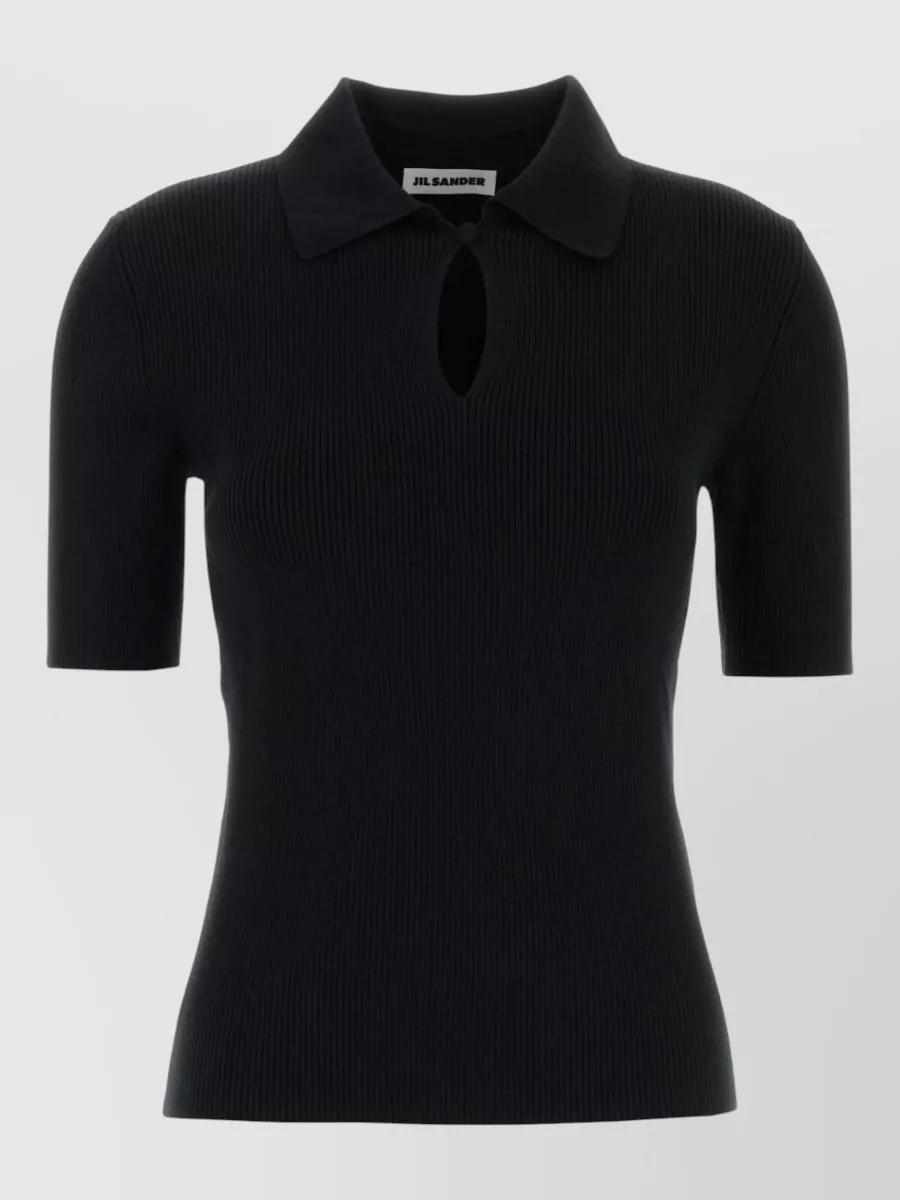 Jil Sander Wool Polo Shirt With Ribbed Texture And Keyhole In Black