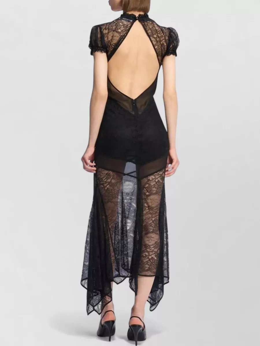 The Attico Lace Puff-Sleeve High-Neck Handkerchief-Hem Midi Dress