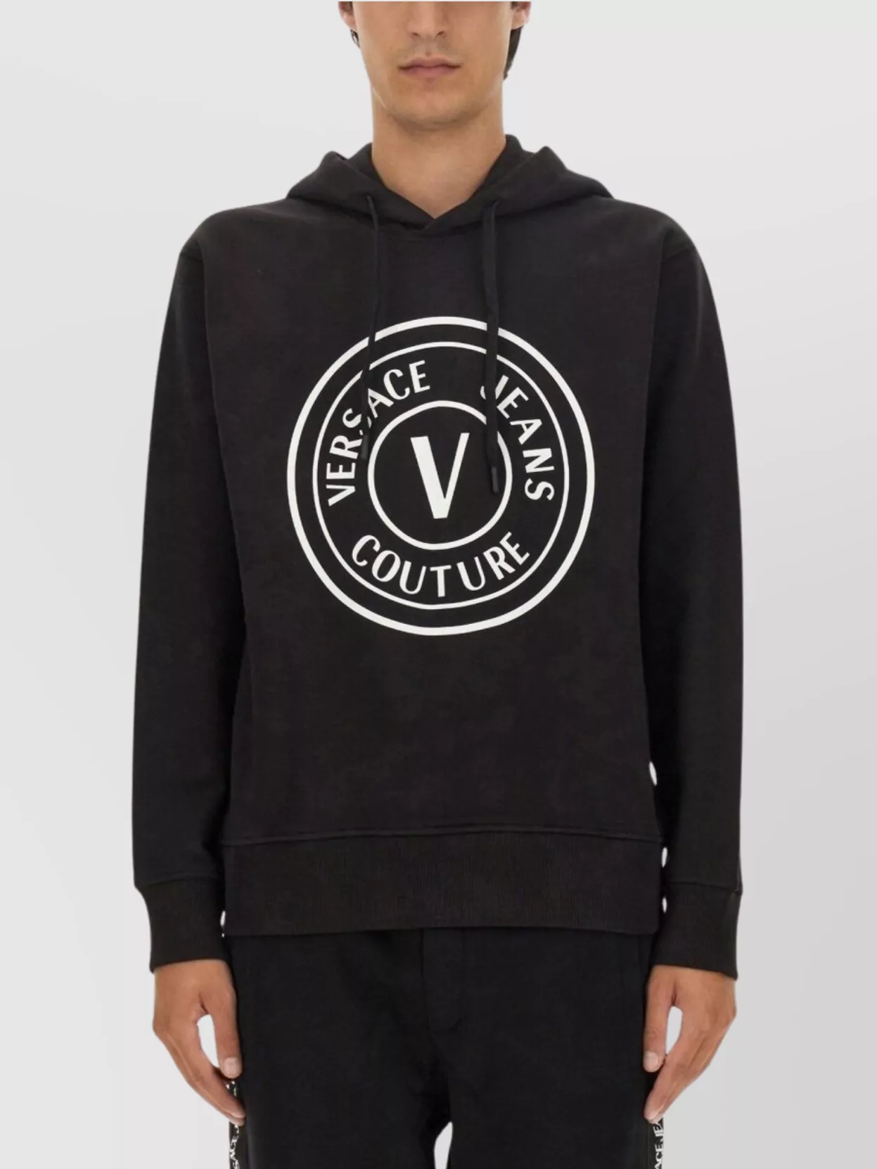 Shop Versace Jeans Couture Logo Hooded Sweatshirt With Ribbed Finish
