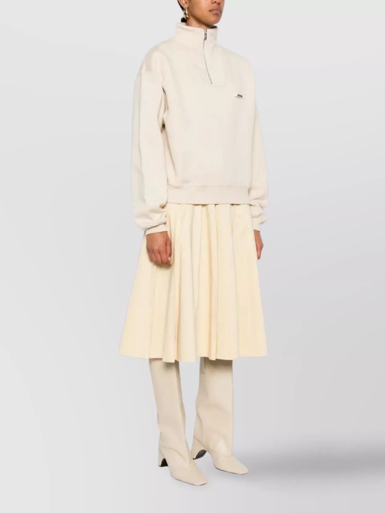 Jacquemus Cotton Fleece Sweatshirt With High Collar And Grosgrain Detail In Neutral