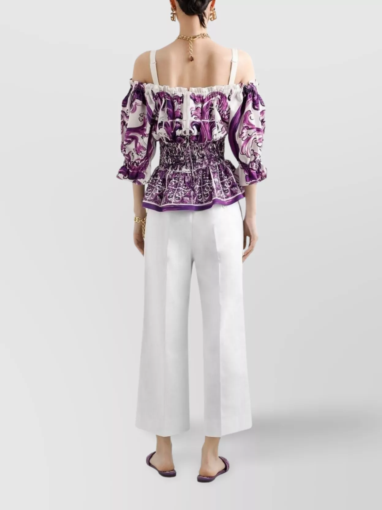Dolce & Gabbana Smocked Waist Off-the-shoulder Top With Puff Sleeves In Purple