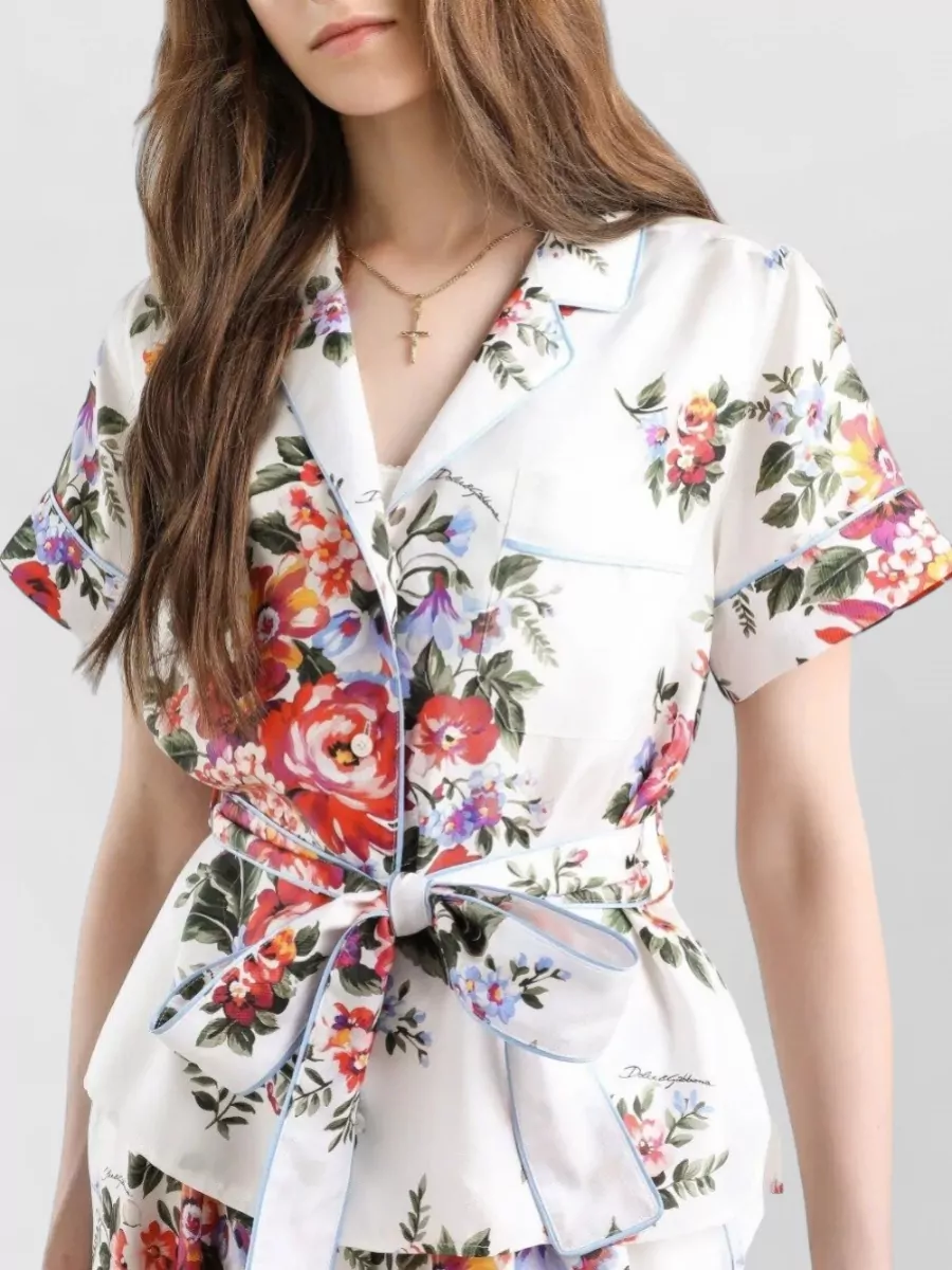 Dolce&Gabbana Silk Floral-Print Short-Sleeve Belted Blouse