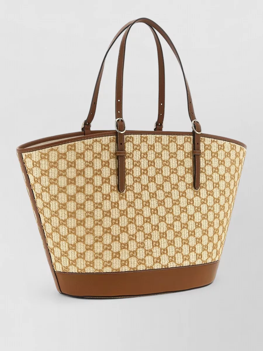 Gucci Large Raffia-Effect Leather-Trimmed Tote Bag