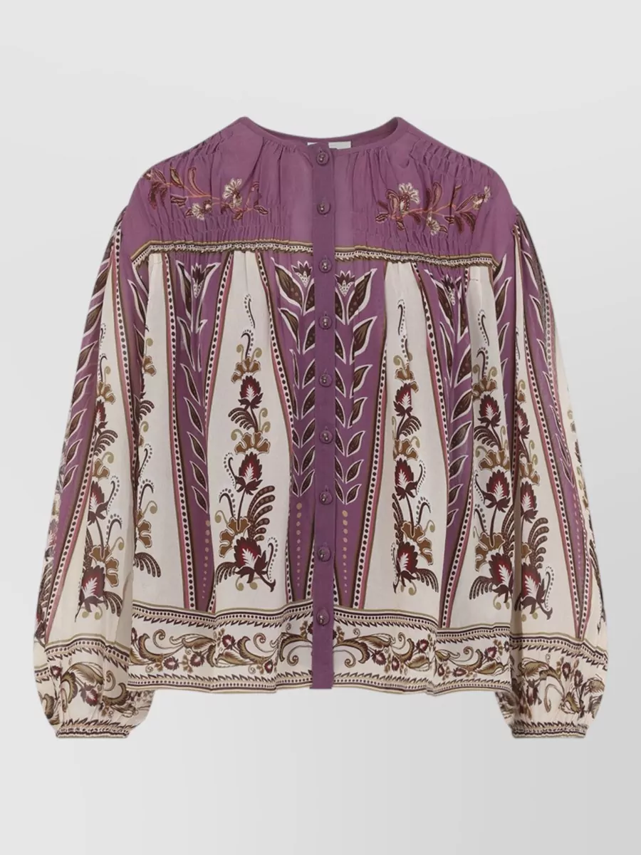 Farm Rio Floral-Print Gathered Long-Sleeve Blouse