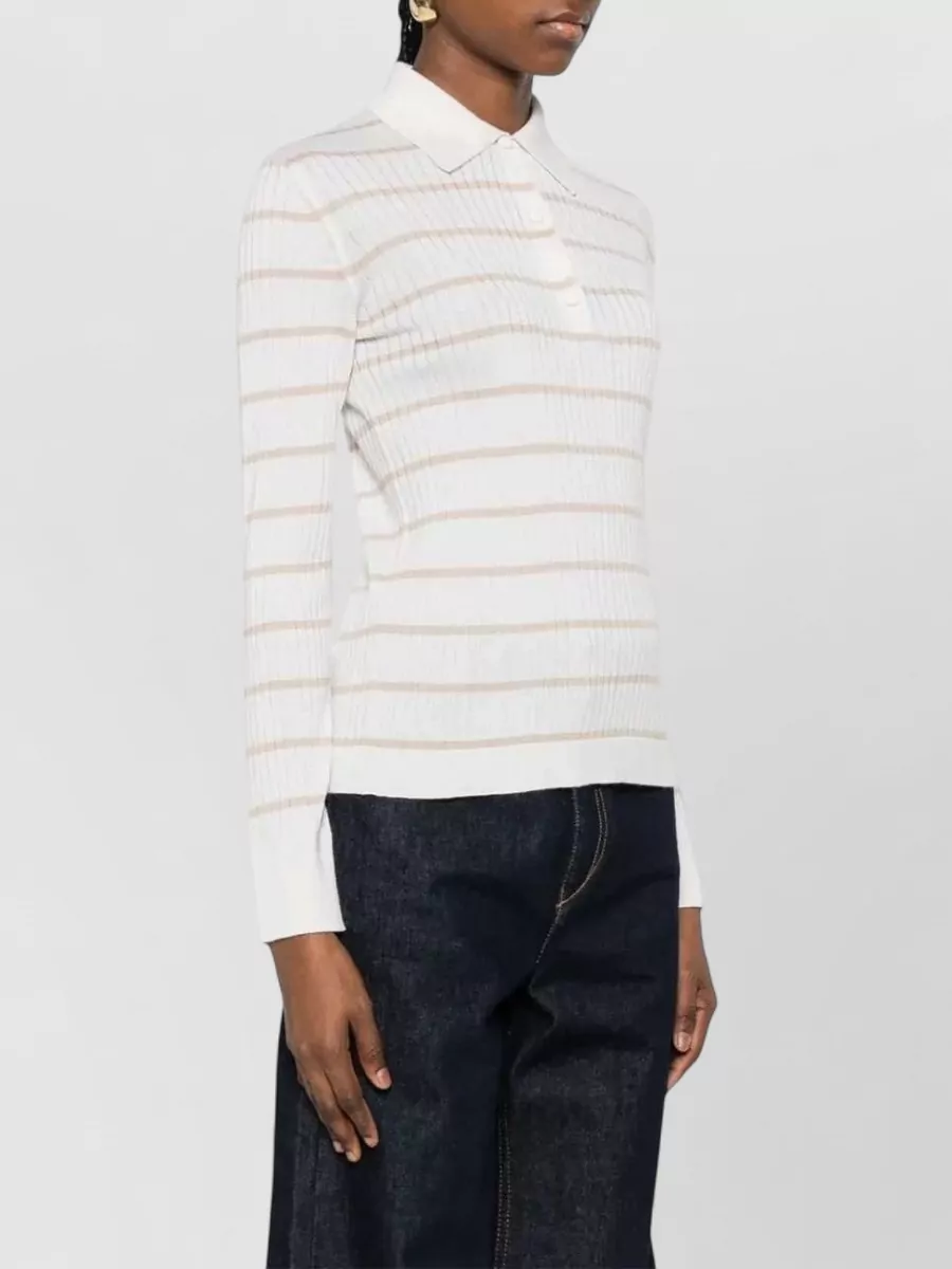 Max Mara Striped Ribbed Cashmere Long-Sleeve Polo Top