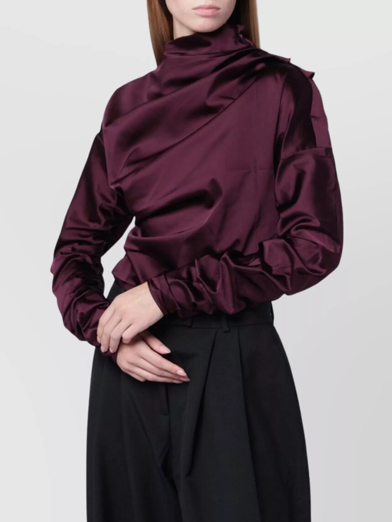 Ganni Satin Blouse With Draped Detail And High Neck In Burgundy