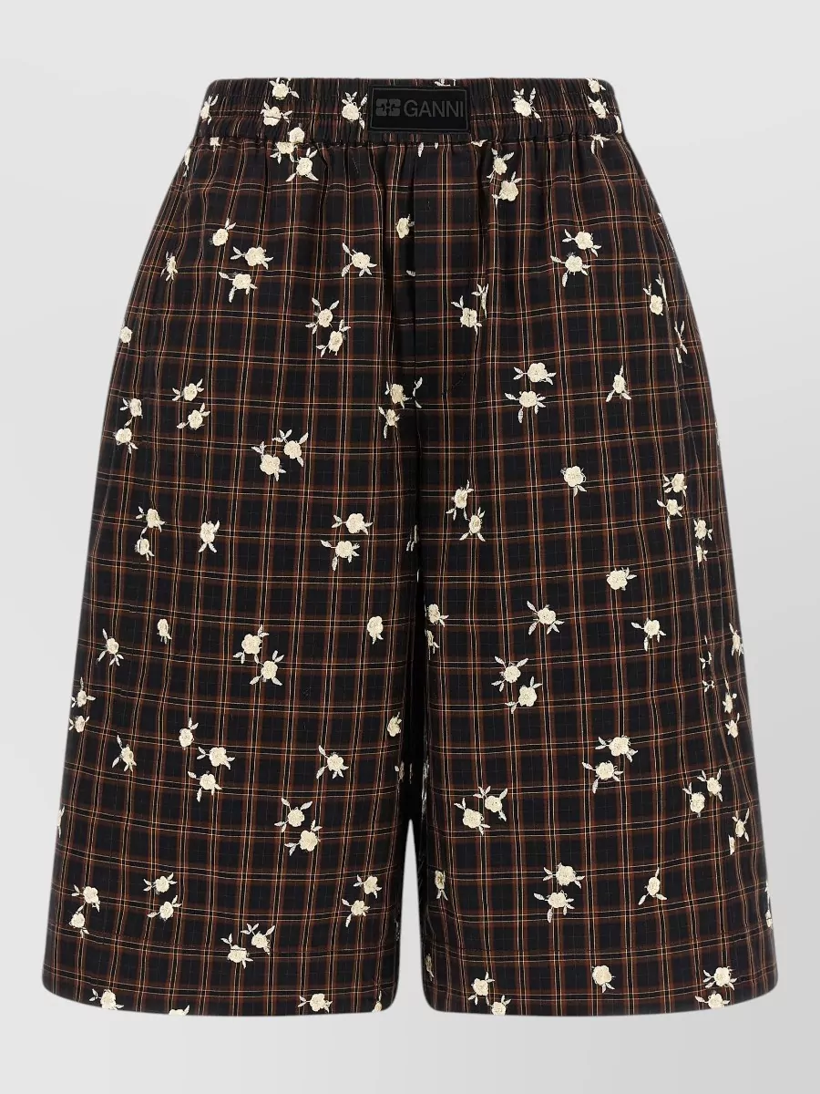 Ganni Checked Floral-Embroidered Wide-Leg Bermuda Shorts