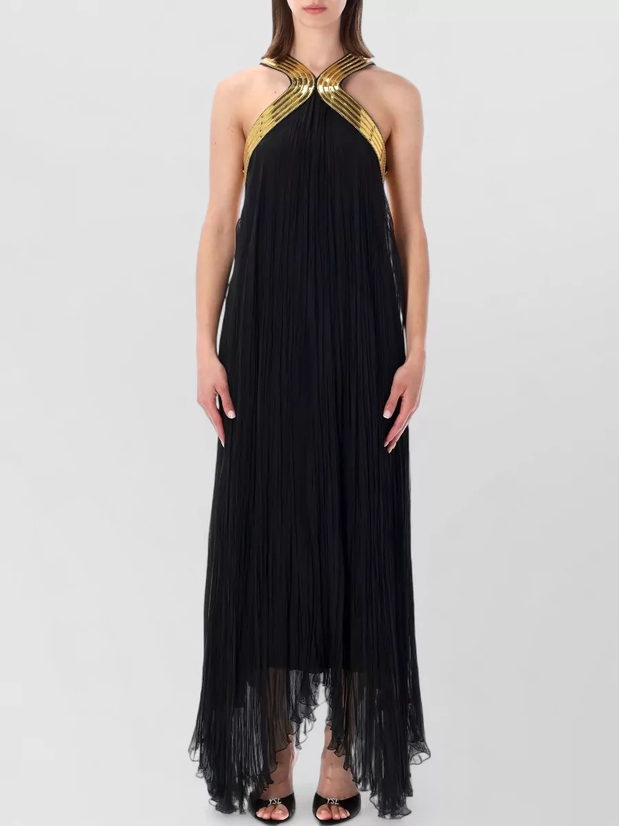Alberta Ferretti Silk Pleated Halterneck Open-Back Maxi Dress