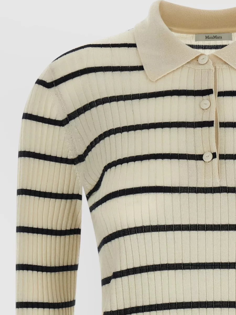 Max Mara Cashmere Silk Ribbed Striped Long-Sleeve Polo Top