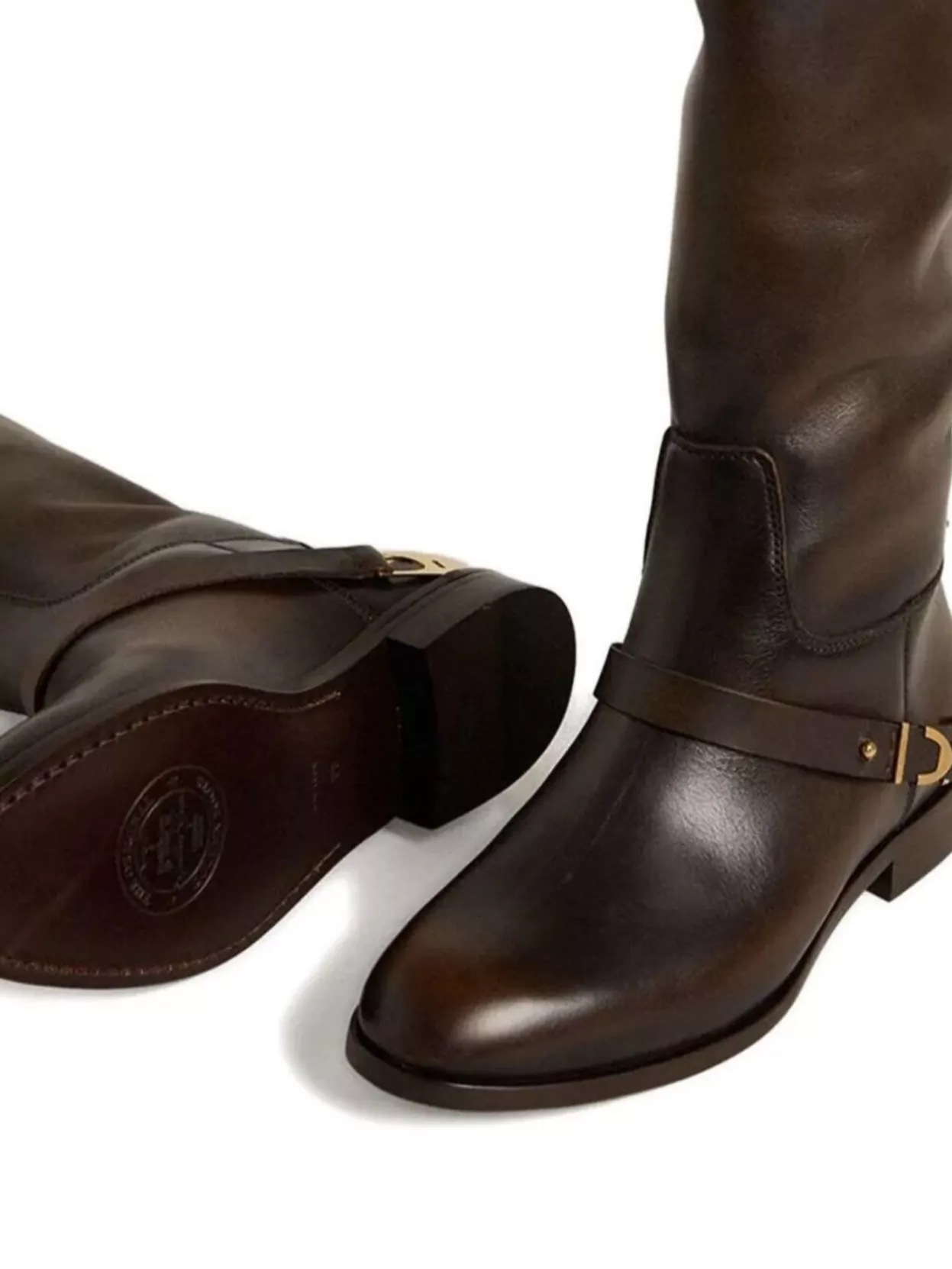 Golden Goose Knee-high Distressed Leather Boots Buckle Detail In Brown