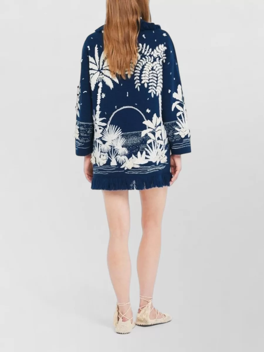 Alanui Wool Floral-Print Fringed Belted 3/4-Sleeve Cardigan