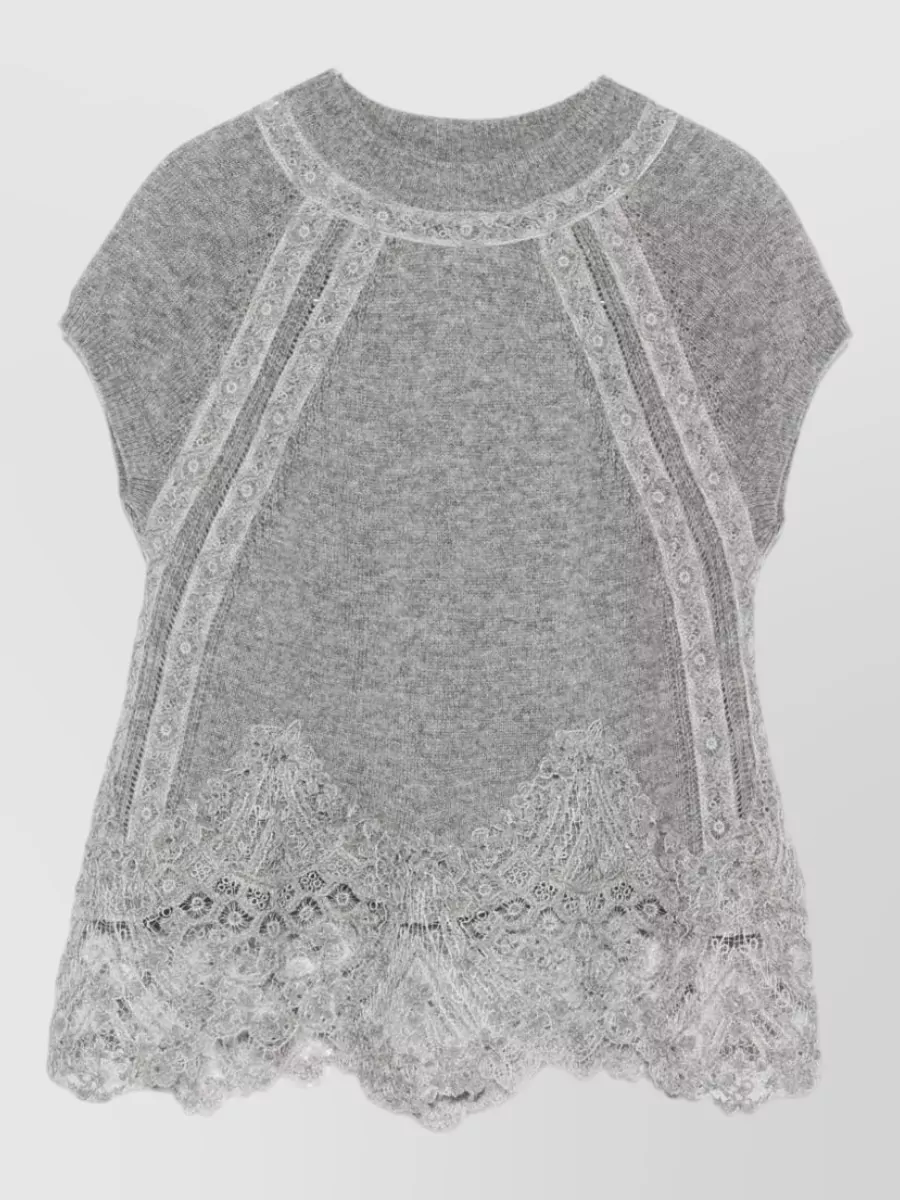 Ermanno Scervino Cashmere Lace-Trim High-Neck Cap-Sleeve Knitted Top