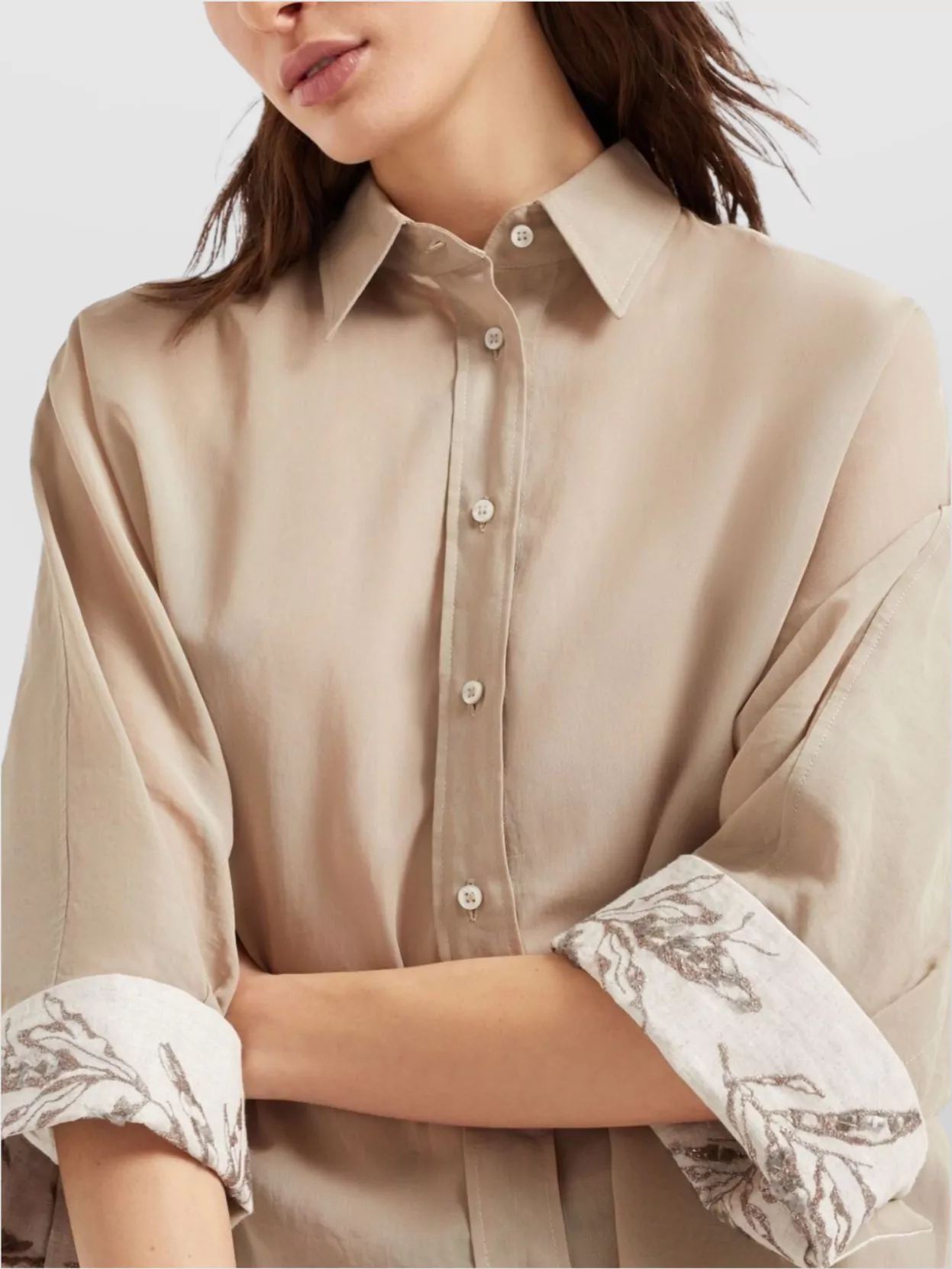 Brunello Cucinelli Women Cotton Organza Shirt With Glistening Flora Embroidery