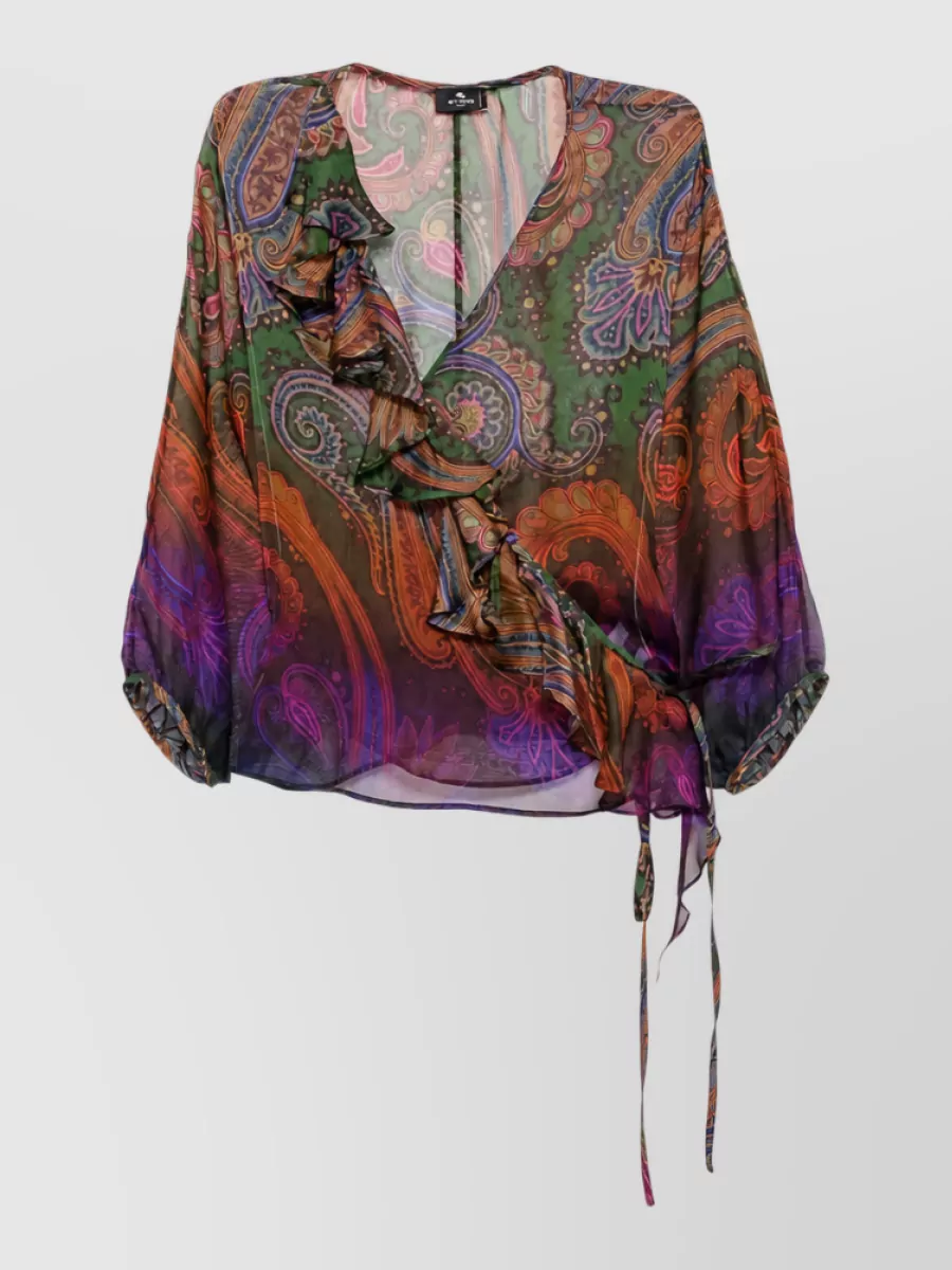 Etro Silk paisley-print ruffled wrap blouse