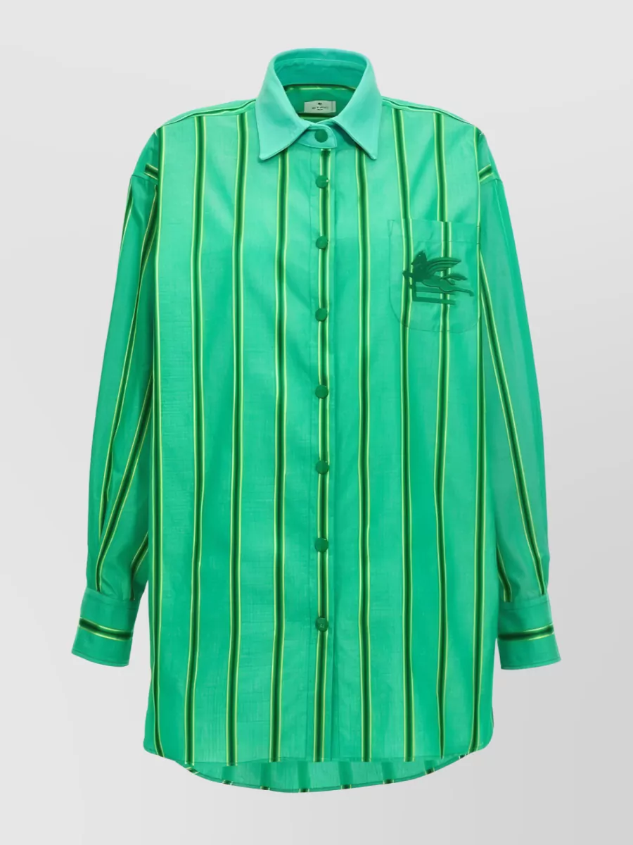 Shop Etro Logo-embroidered Striped Button-up Shirt In Green