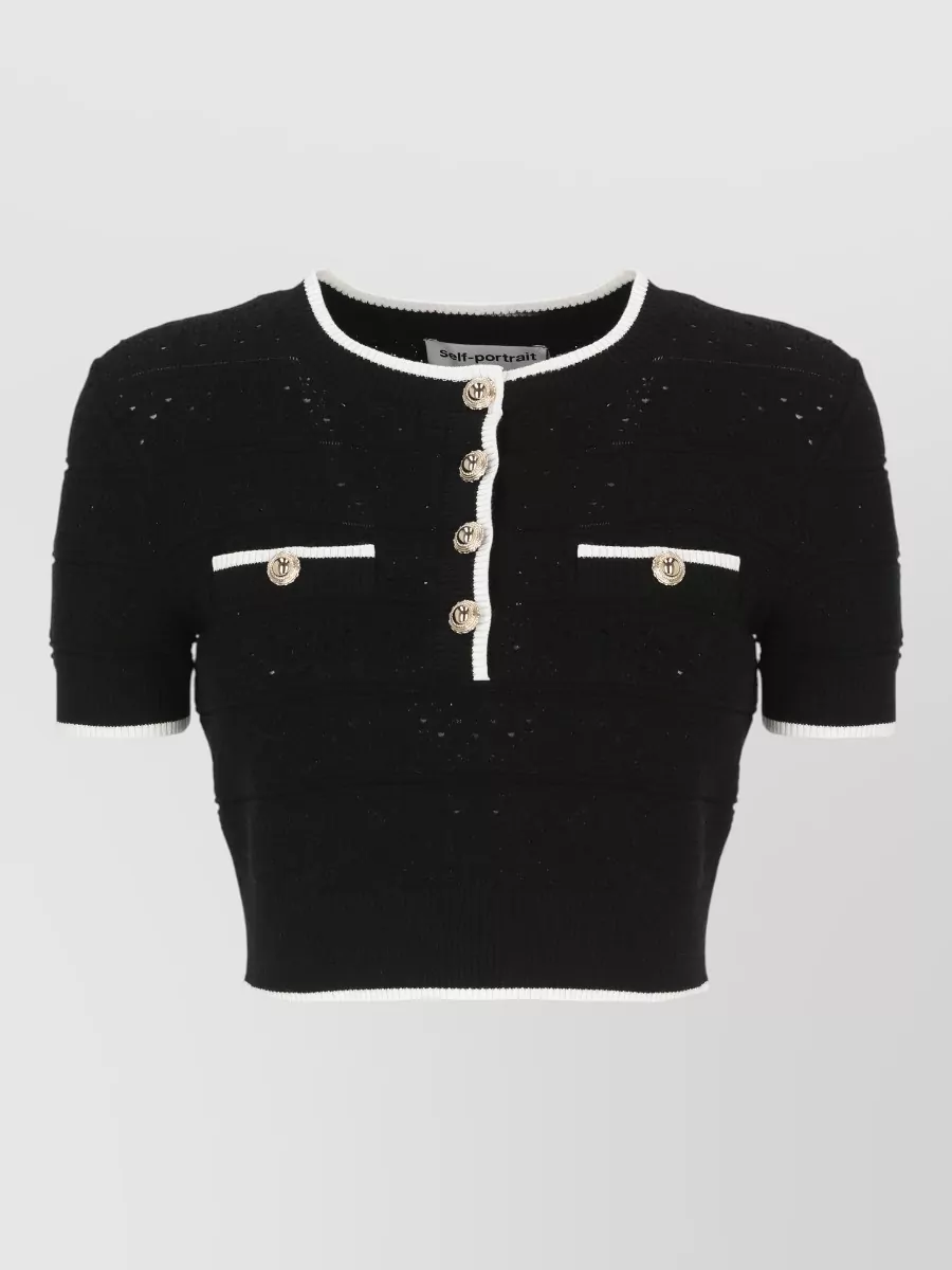 Self-Portrait Fine-Knit Short-Sleeve Crewneck Top