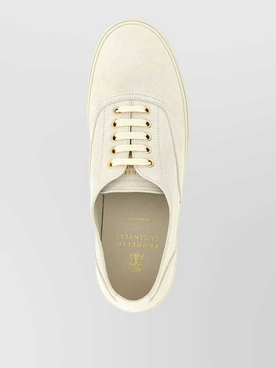 Brunello Cucinelli Suede Low Top Sneakers Gold Eyelets Rubber
