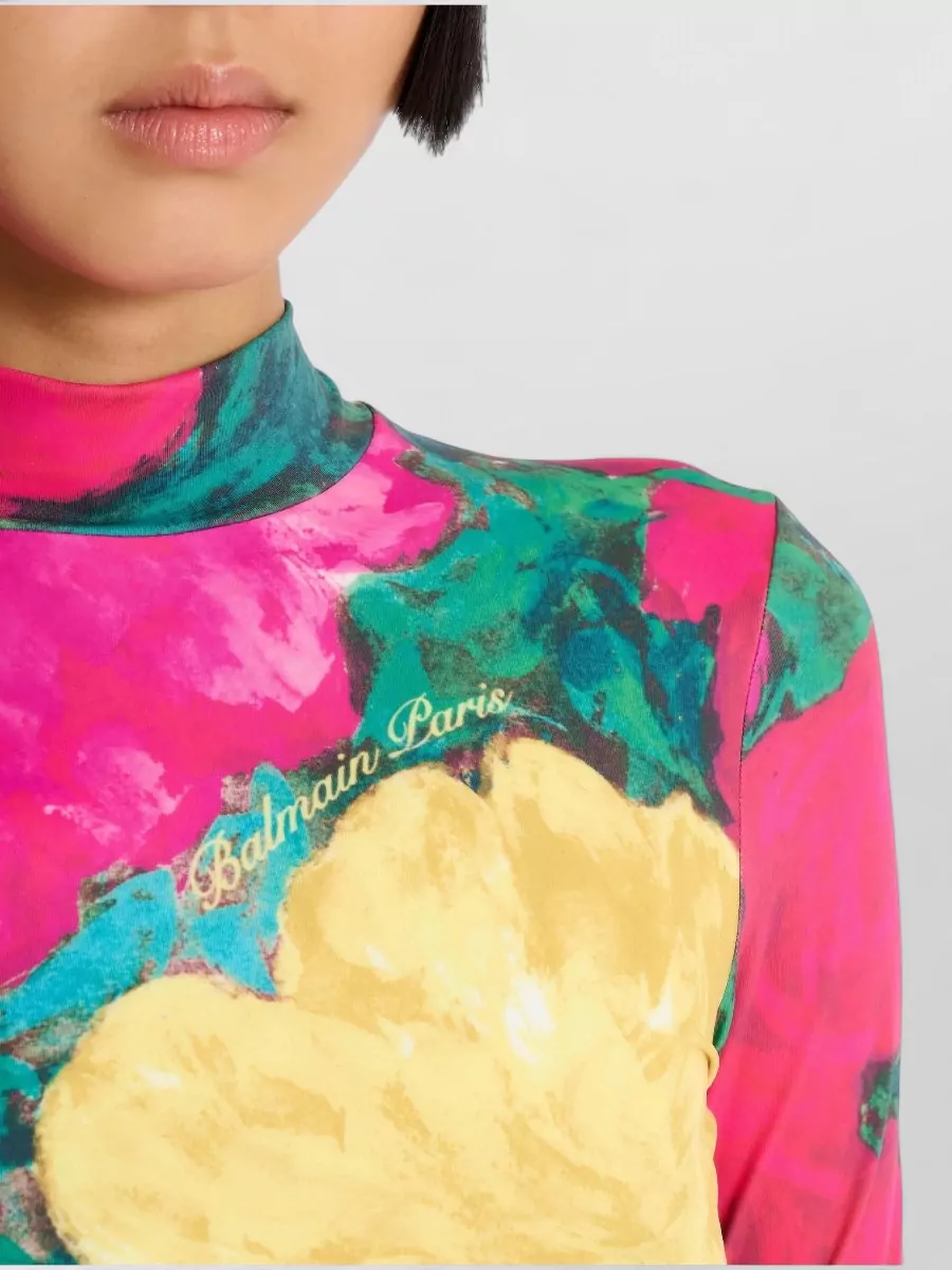 Balmain High Neck Jersey Top Fitted Print