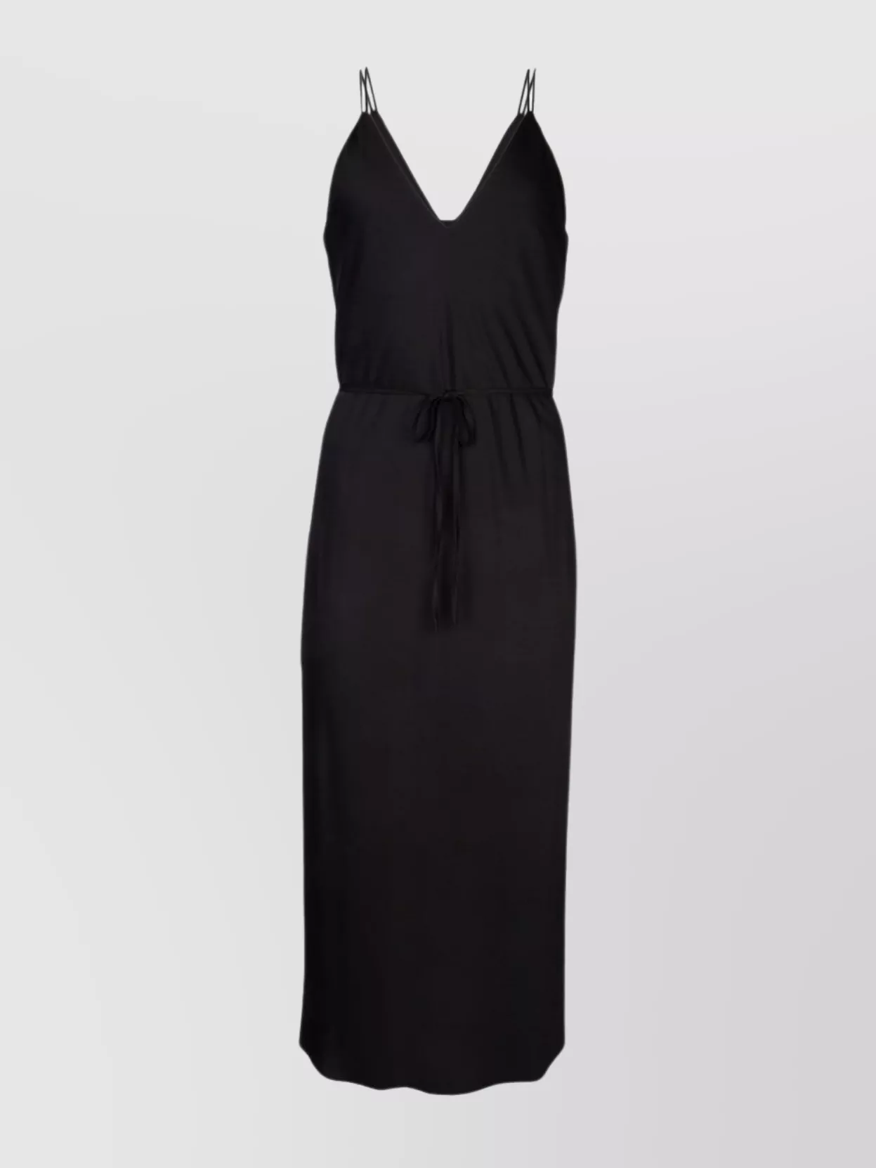 Shop Calvin Klein V-neckline Spaghetti Straps Drawstring Waist Midi Dress In Black