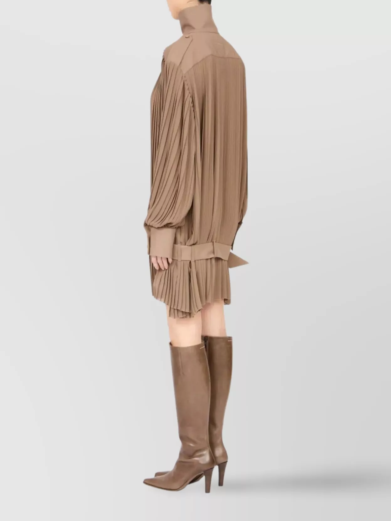 Mm6 Maison Margiela High-Neck Pleated Midi Dress Belted