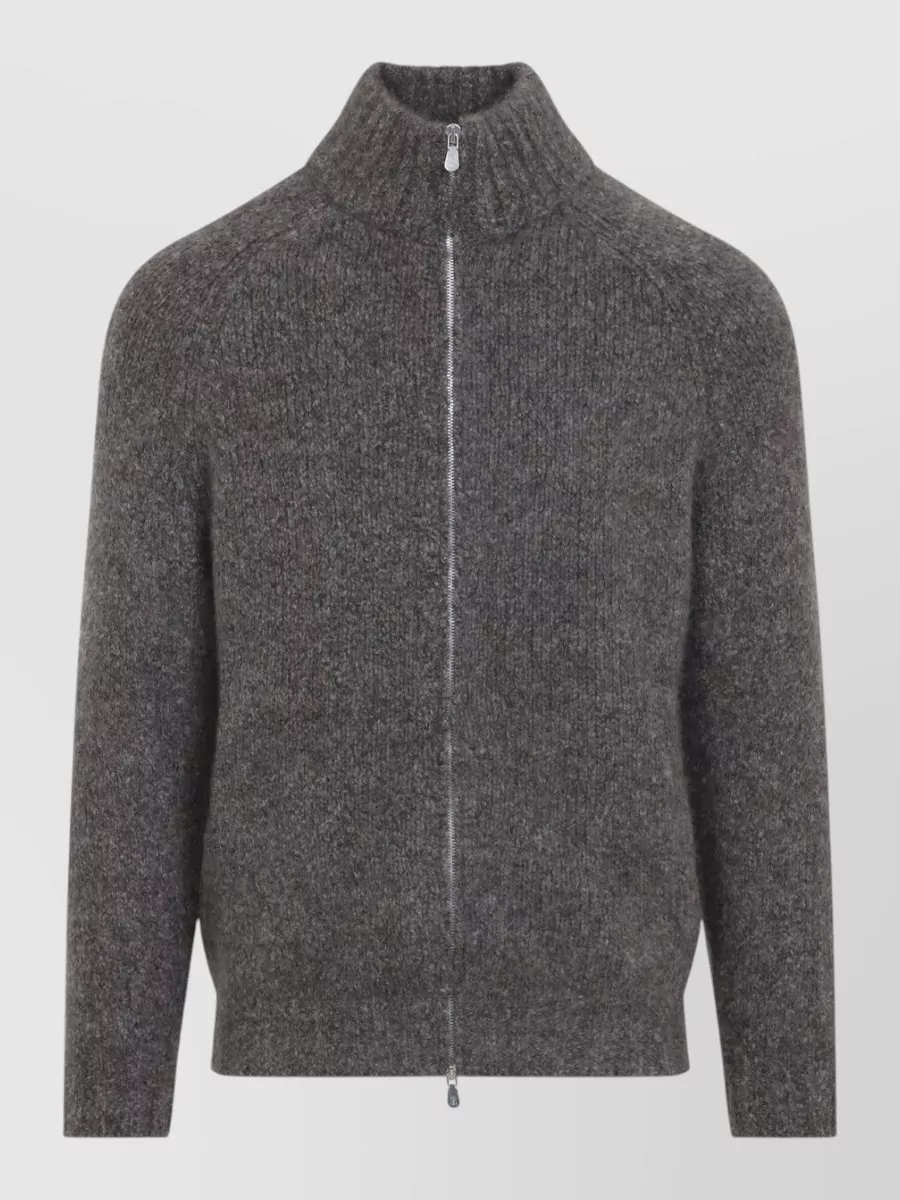 Brunello Cucinelli cashmere silk ribbed stand collar zip cardigan