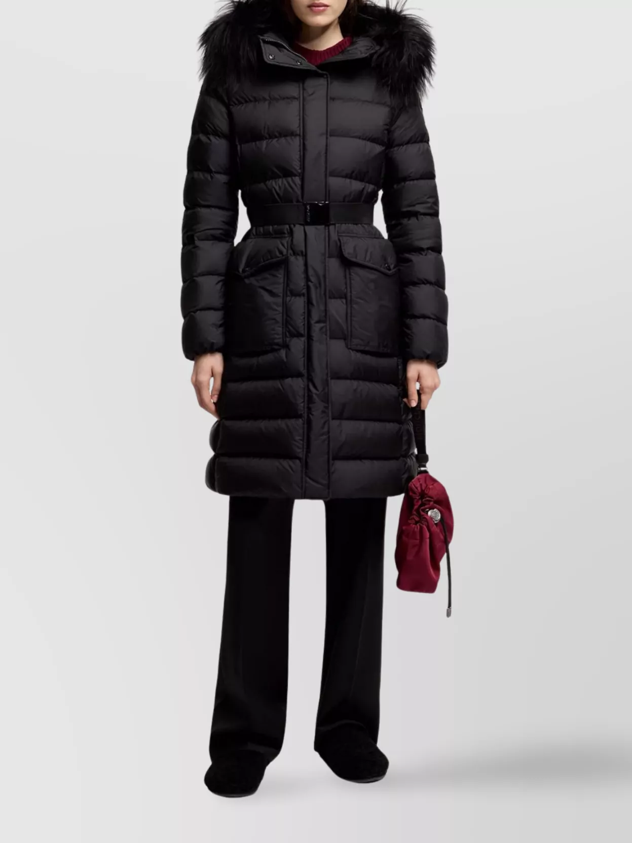 Moncler Khloesse Hooded Shearling-trimmed Long Down Jacket In Black