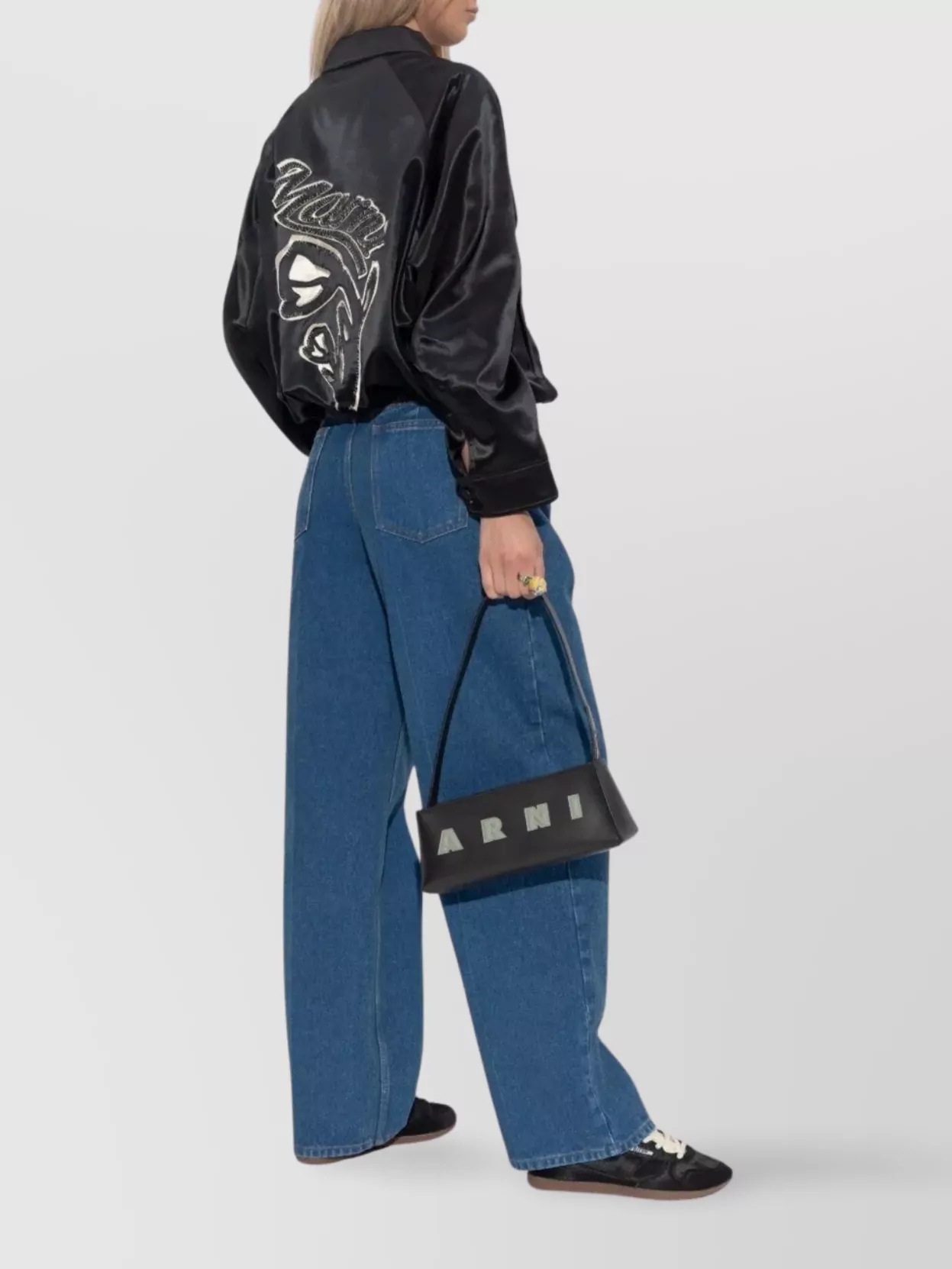 Marni Satin Bomber Jacket Embroidered Back In Black