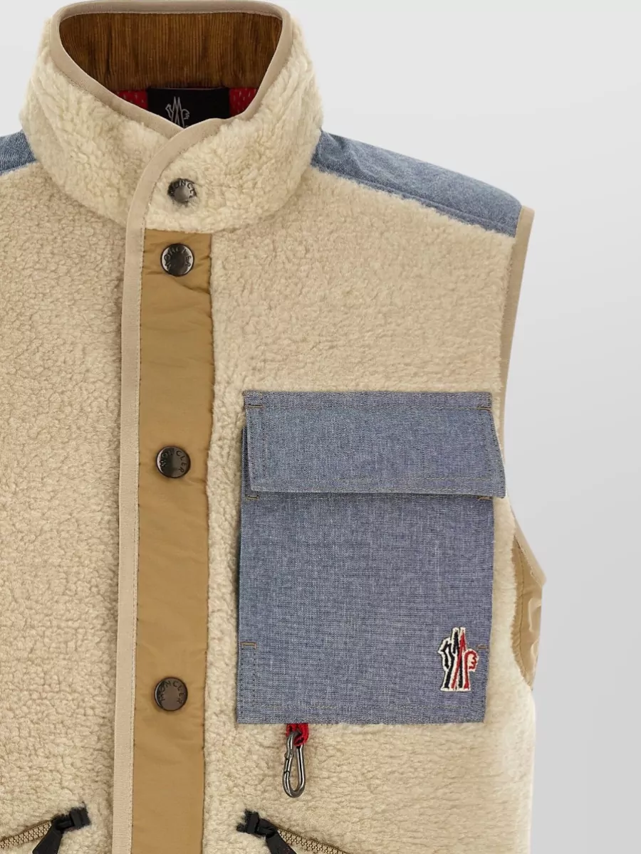 Moncler Grenoble Teddy Chambray Vest High Collar Pockets