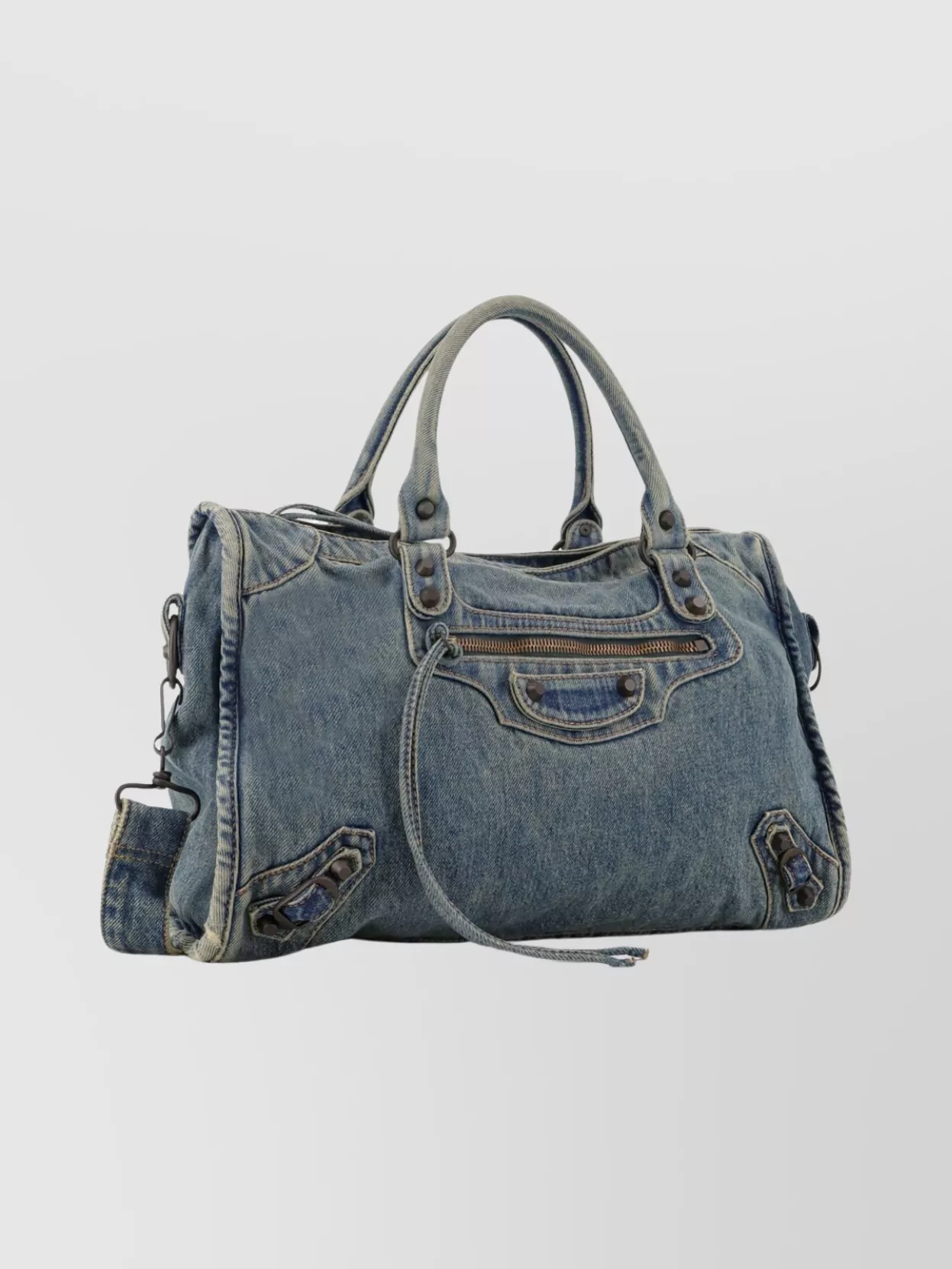 Balenciaga Medium Denim Shoulder Bag Featuring Studs