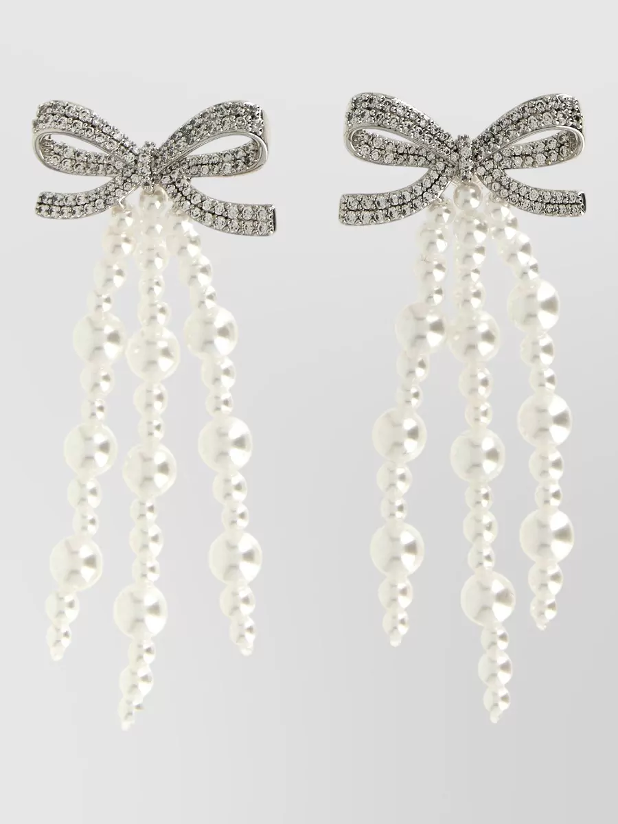 Self-Portrait crystal-embellished bow pearl drop earrings