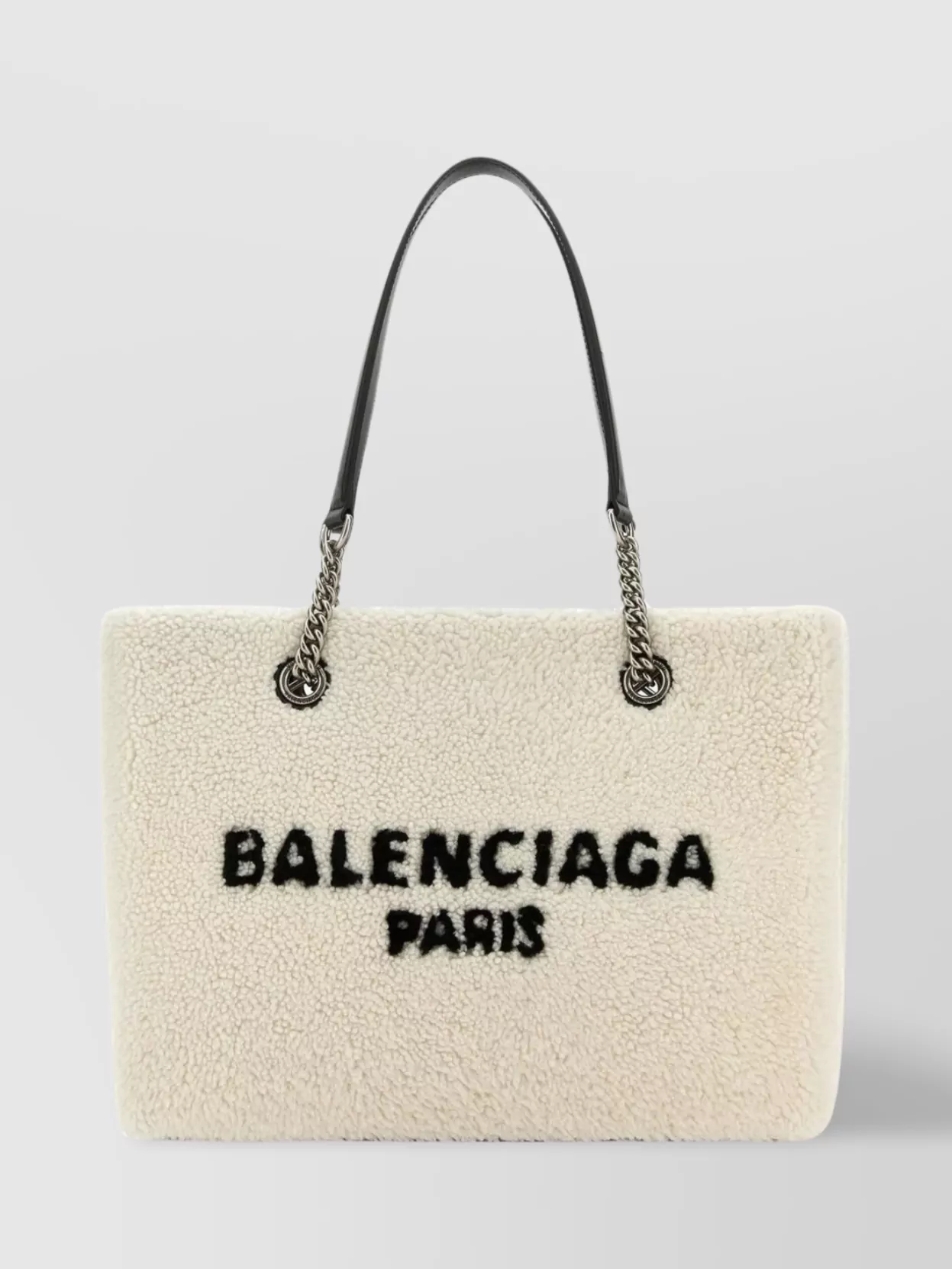 Shop Balenciaga Rectangular Shearling Handbag With Metal Chain Handles In Beige