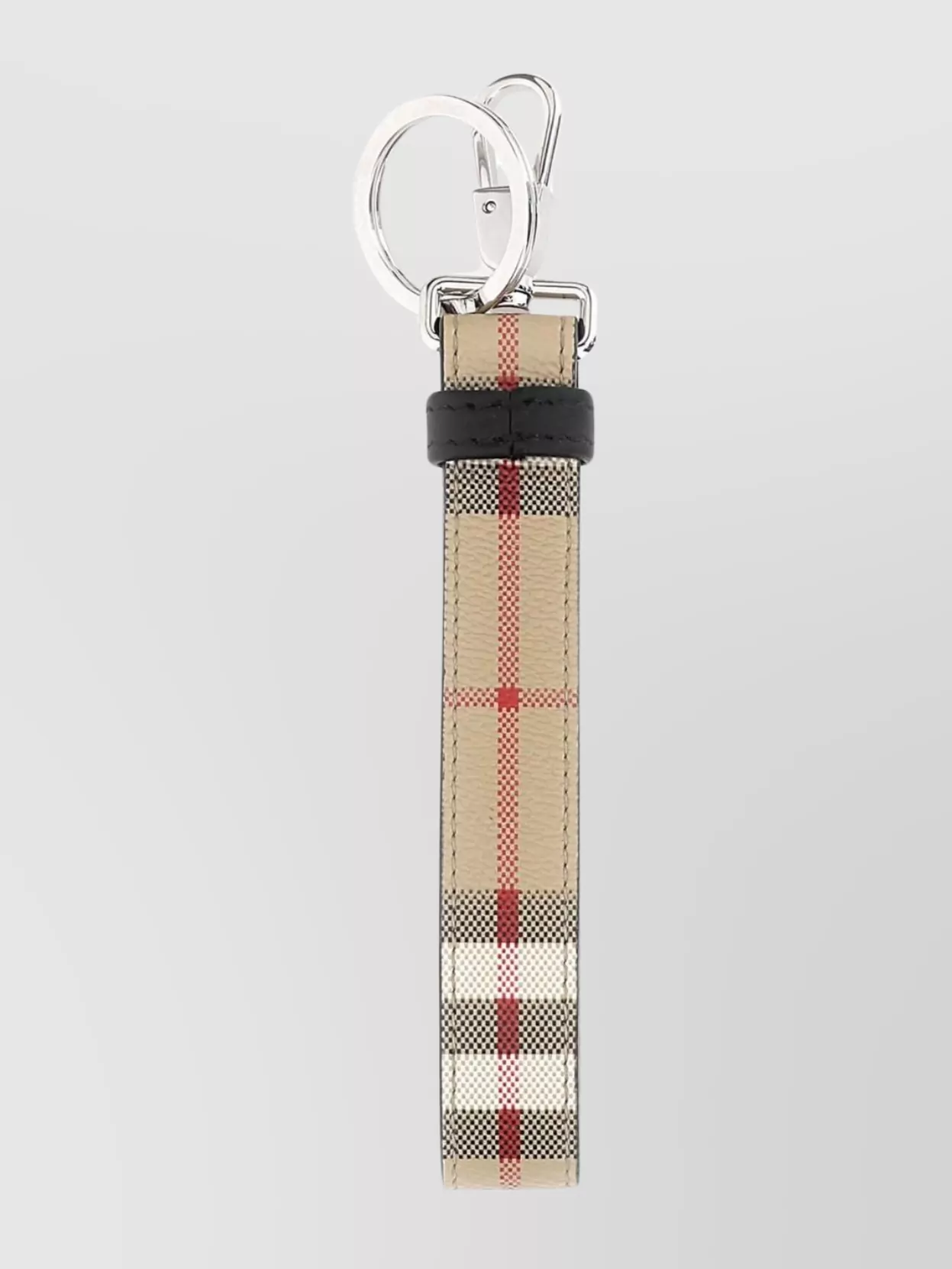 Shop Burberry Checkered Canvas Keyring Leather Trim