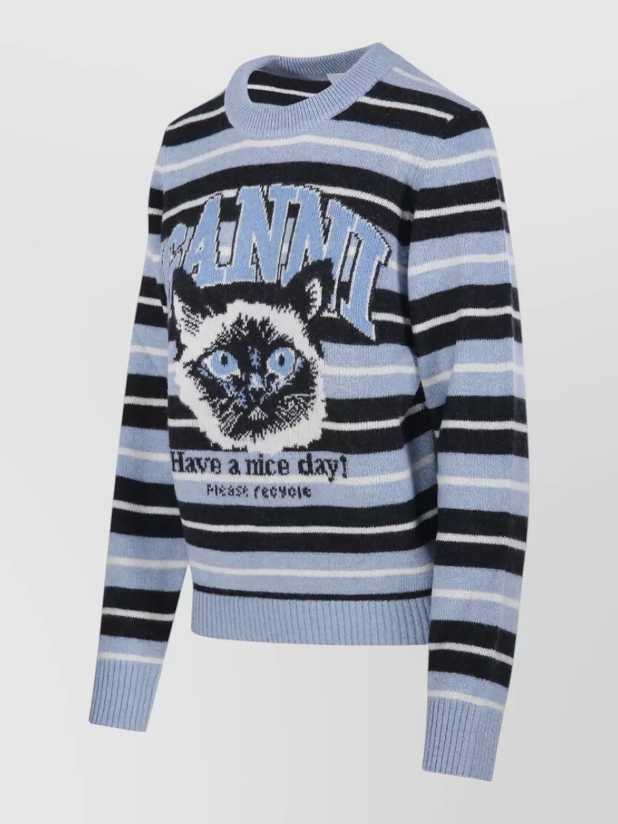 Ganni Wool Sweater Crew Neck Graphic Stripes