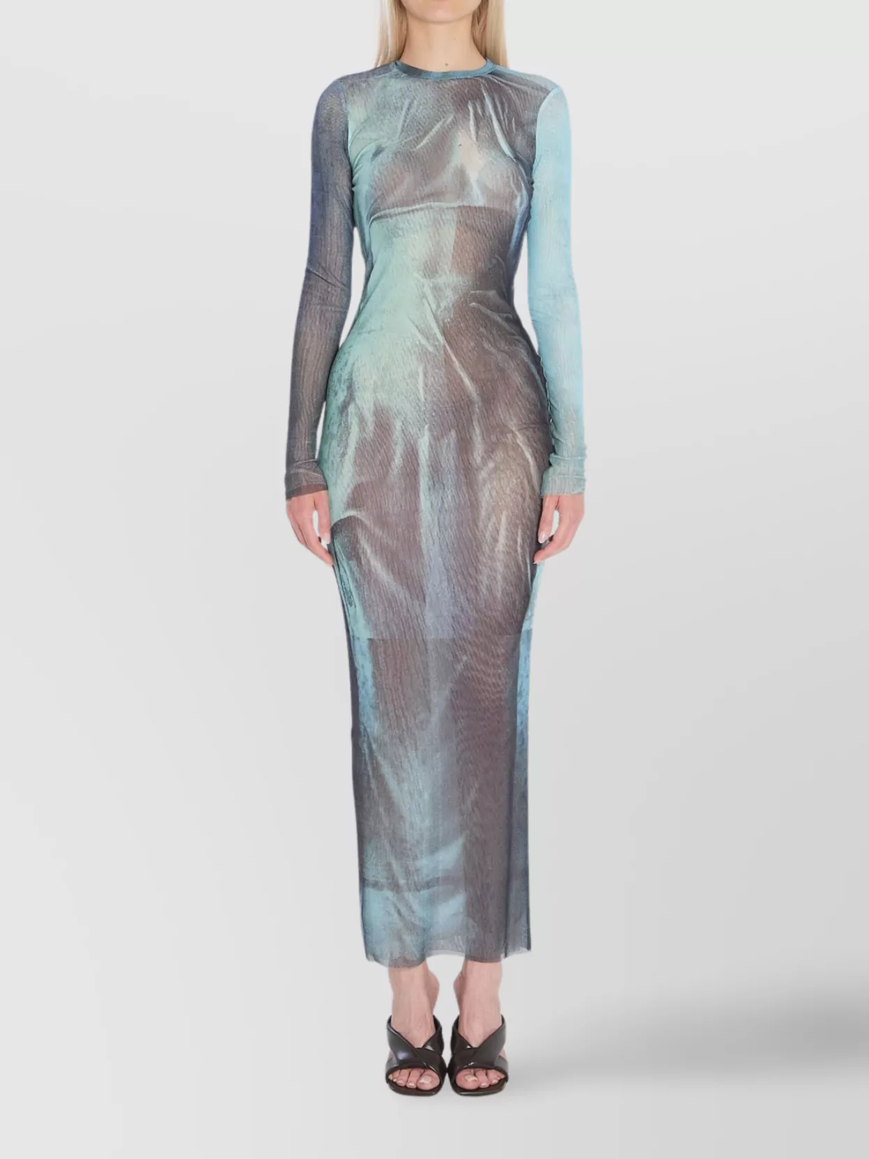 Jean Paul Gaultier Abstract Print Sheer Overlay Long Dress In Blue
