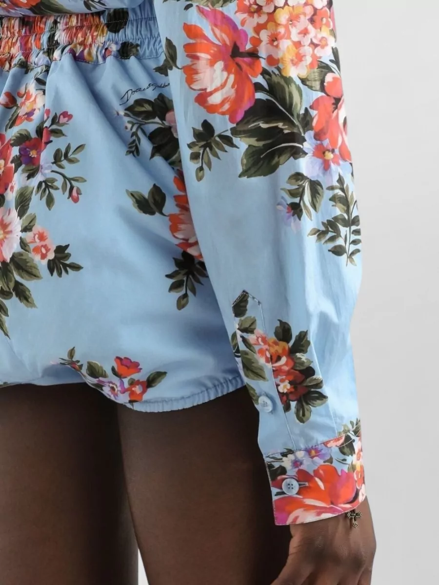 Dolce&Gabbana Cotton Floral Print Knotted Long Sleeve Blouse