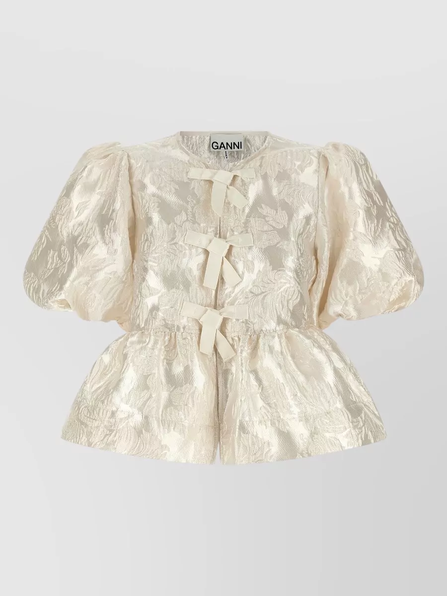 Ganni Satin jacquard peplum short-sleeve blouse
