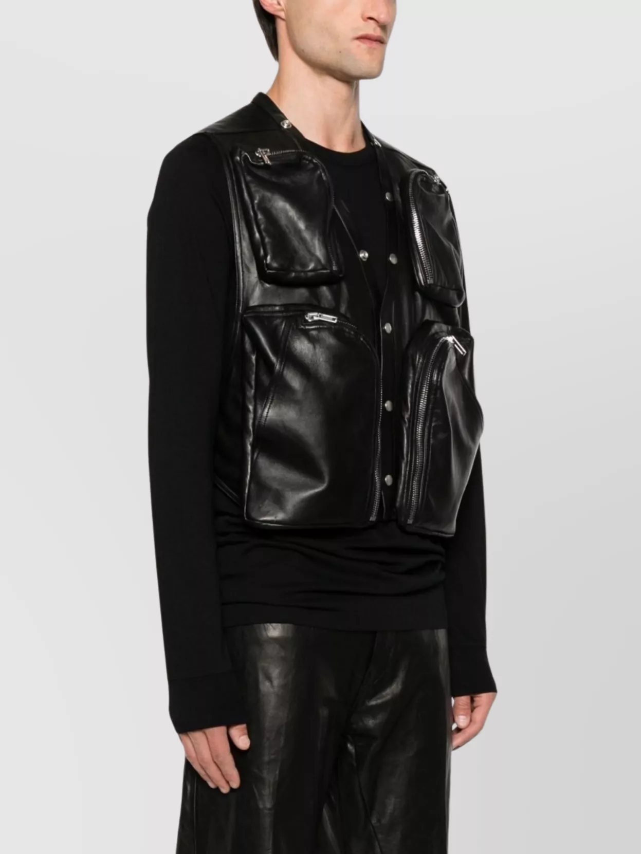 Rick Owens Leather Vest With Multiple Zip Pockets And Open Back In Black