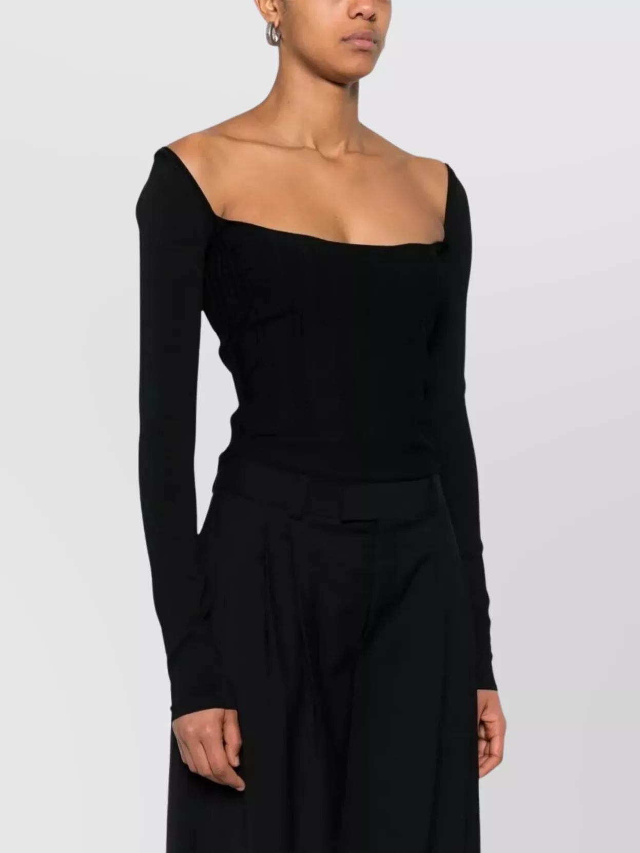 Mugler Off-Shoulder Ribbed Top Long Sleeves