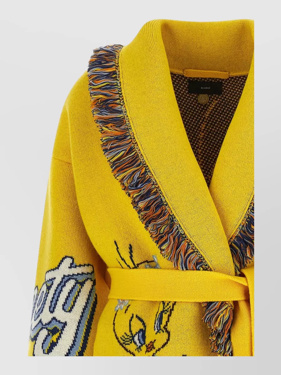 Alanui Virgin Wool Jacquard Belted Fringed Cardigan
