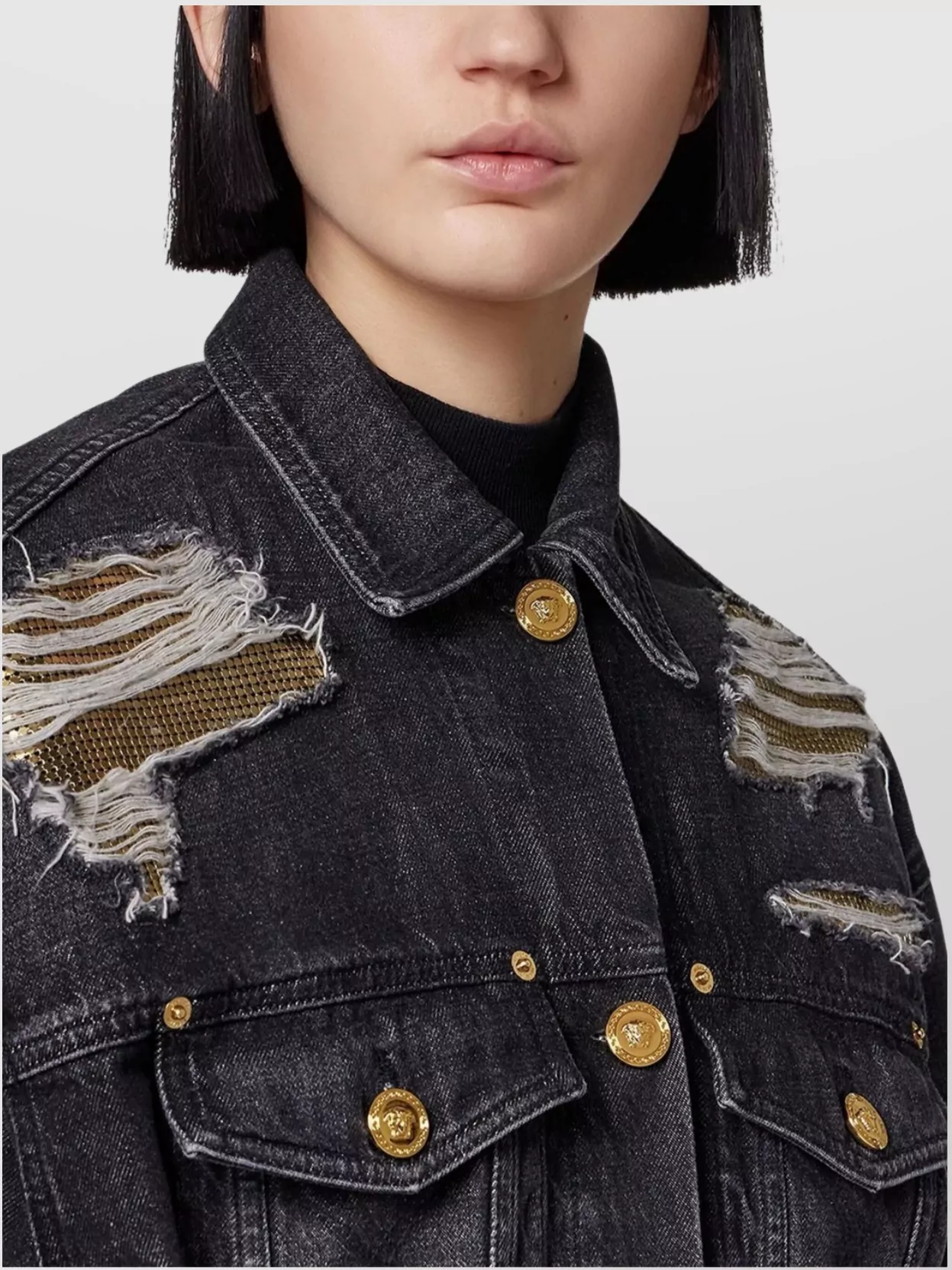 Versace Denim Jacket Distressed Front Pockets In Black