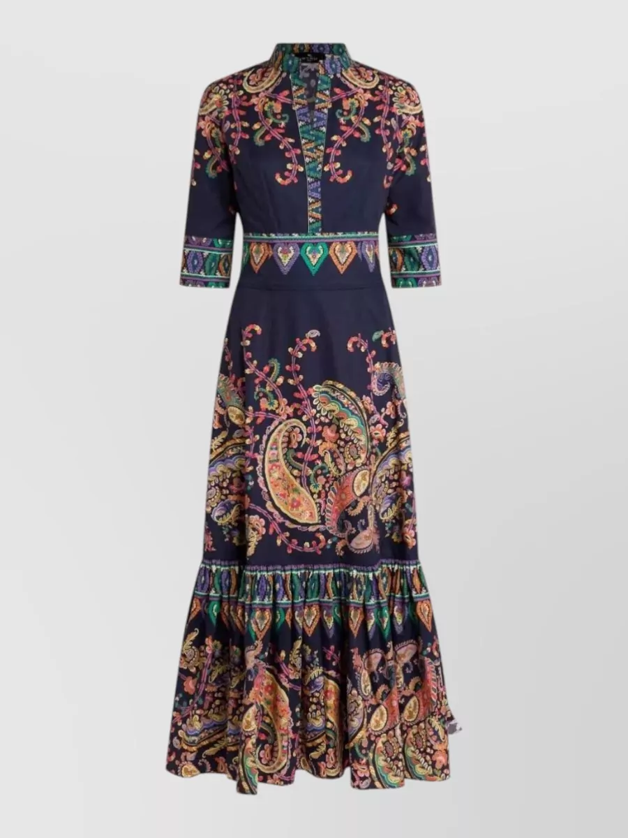 Etro silk floral-print paisley-print mandarin-collar three-quarter-sleeve layered maxi dress