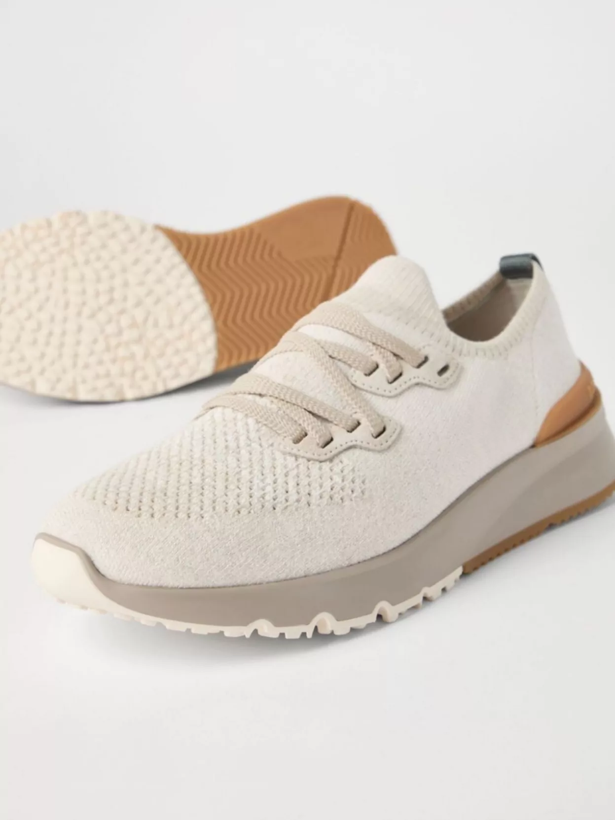 Brunello Cucinelli Cotton Sneakers In Ivory With Front Lace-up Fastening In White