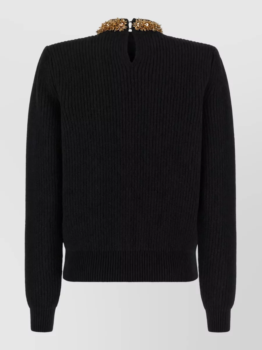 Balmain Cashmere Virgin Wool Ribbed High Neck Embellished Sweater