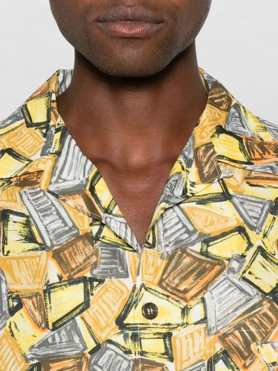 Prada Cuban Collar Shirt Geometric Pattern Detail